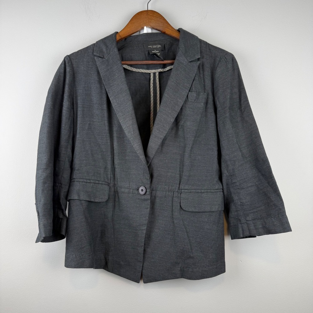 MM Couture By Miss Me Blazer Women L Gray Cotton Linen Officewear Career Classic